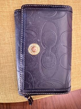 Authentic Coach Black Embossed Signature Accordion Wallet with Gold-Tone Snap
